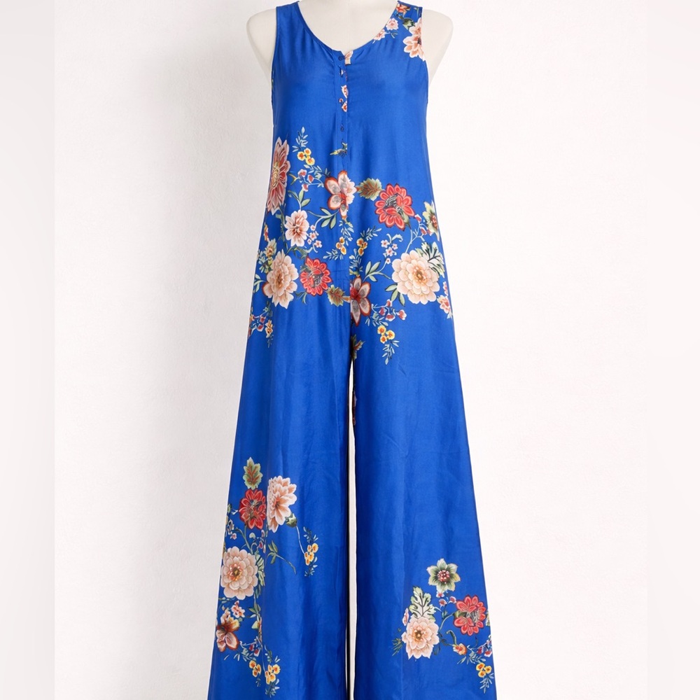 Johnny Was Vivian Jumpsuit Royal Blue Floral Crop Sleeveless Silk Size XS